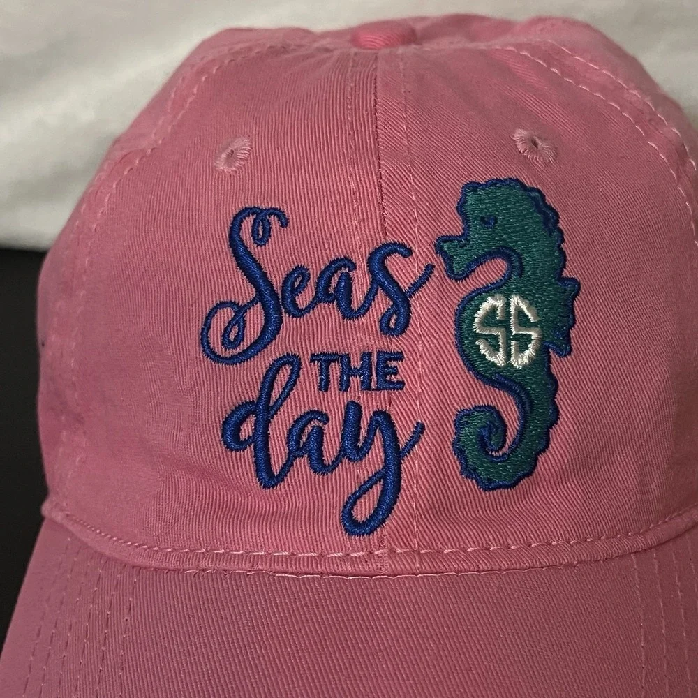 Simply Southern SEAS THE DAY Beach Ocean Embroidered Hat Cap Adjustable Pink